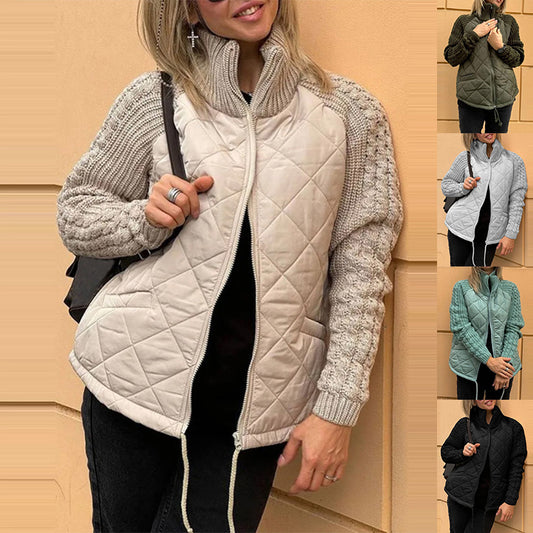 Women's Padded Stand-Collar Zip Jacket with Knit Panels