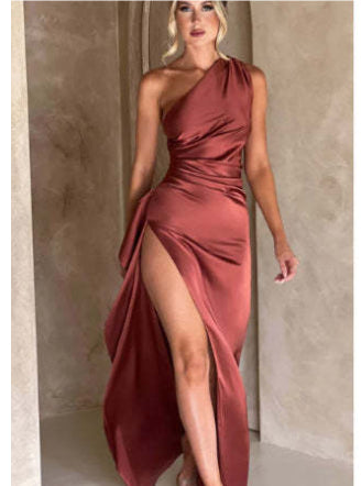 Women's One-Shoulder Satin Dress with Slit (photo 16)