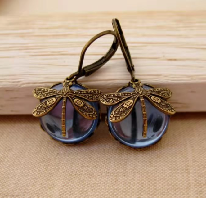 Vintage Dragonfly Drop Earrings with Stones