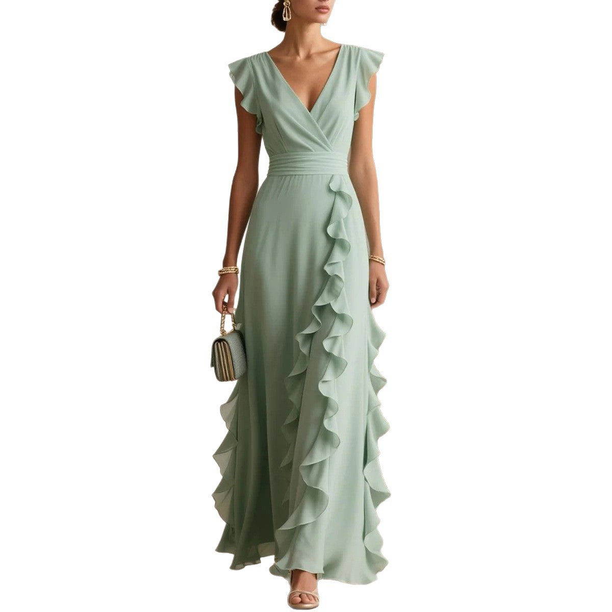 Women's Ruffle V-Neck Sleeveless Maxi Dress (photo 2)