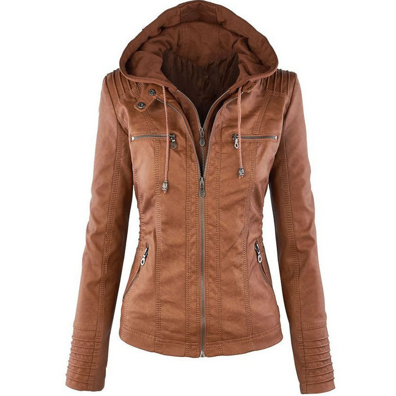 Women's PU Leather Jacket with Detachable Hood (photo 8)