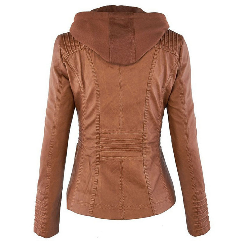 Women's PU Leather Jacket with Detachable Hood (photo 9)