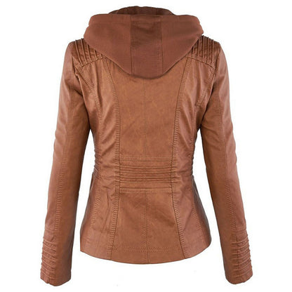 Women's PU Leather Jacket with Detachable Hood (photo 9)