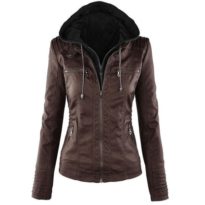 Women's PU Leather Jacket with Detachable Hood (photo 4)