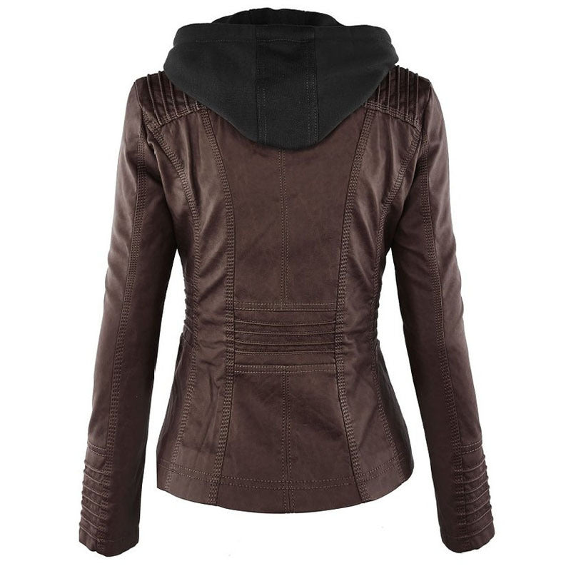 Women's PU Leather Jacket with Detachable Hood (photo 5)