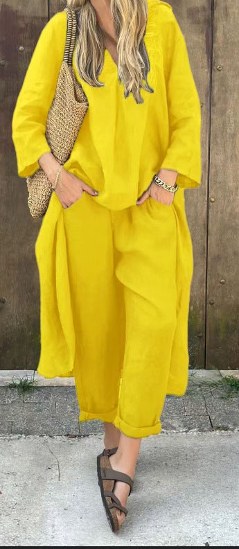 Women's Long V-Neck Top and Wide-Leg Pants Set (photo 7)