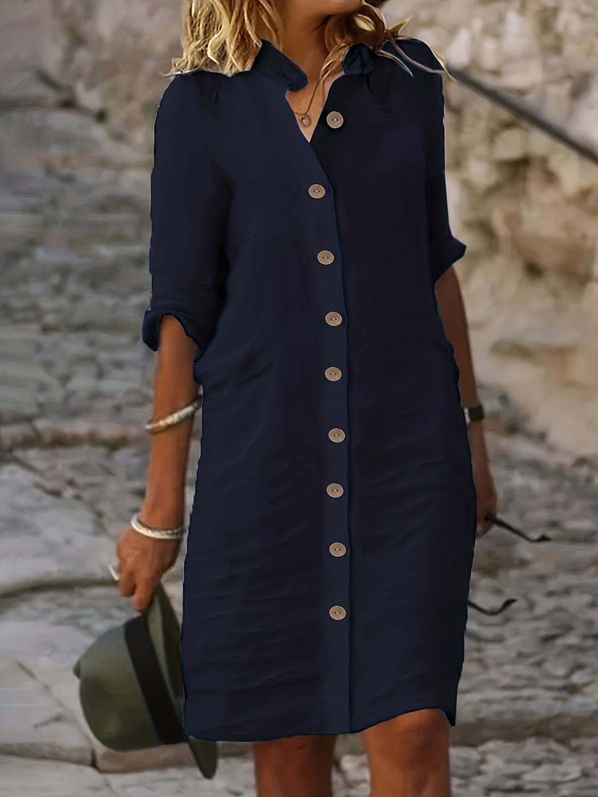 Women's Half-Sleeve V-Neck Button-Front Shirt Dress (photo 14)