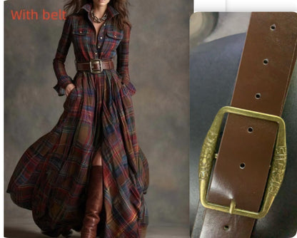 Women's Plaid Long-Sleeve Shirt Dress with Pockets (photo 18)