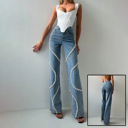 Women's Loose Straight-Leg Rhinestone Jeans
