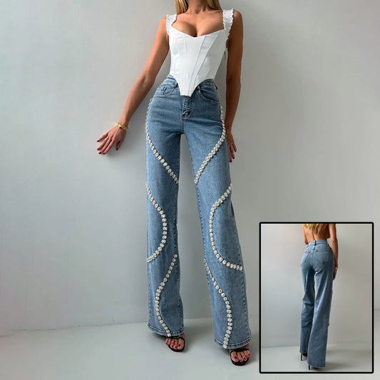 Women's Loose Straight-Leg Rhinestone Jeans