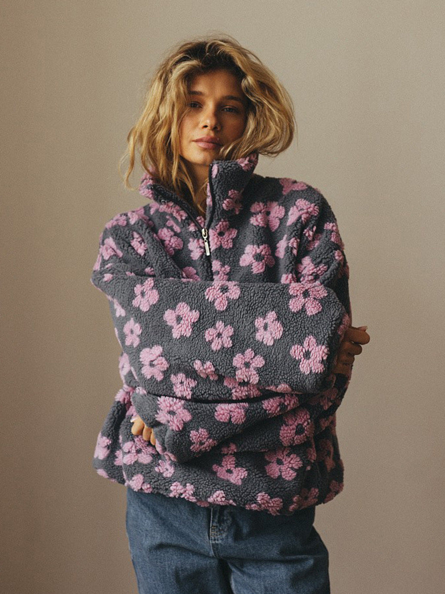 Women's Floral Fleece Zip Lapel Pullover with Big Pocket (photo 9)