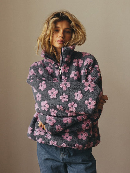 Women's Floral Fleece Zip Lapel Pullover with Big Pocket (photo 9)