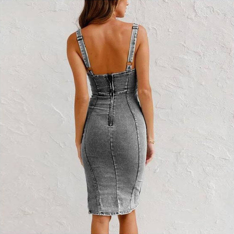 Women's Denim U-Neck Strappy Bodycon Dress with Slit (photo 3)