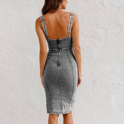 Women's Denim U-Neck Strappy Bodycon Dress with Slit (photo 3)