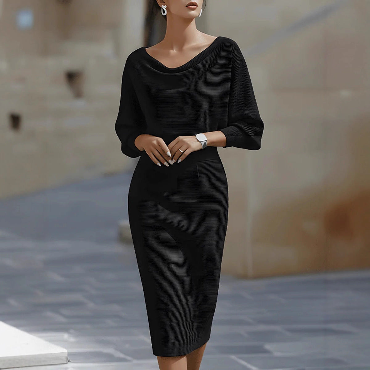 Women's Pleated Batwing-Sleeve A-Line Midi Dress (photo 5)