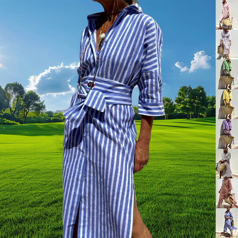 Women's Striped Half-Sleeve Shirt Dress with Belt