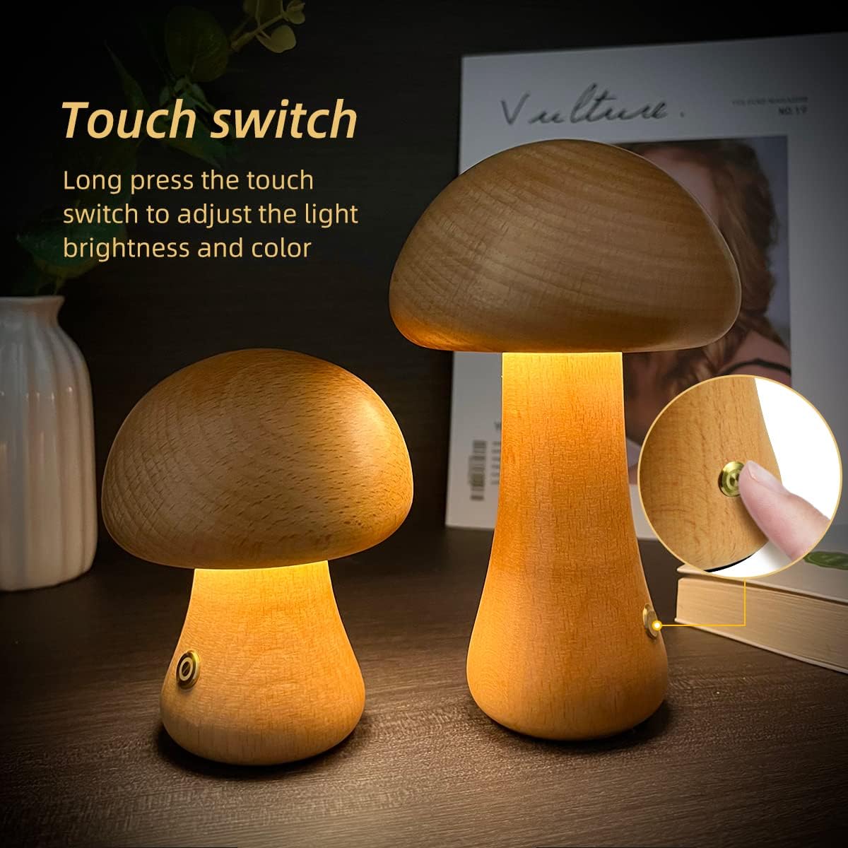 Wooden Mushroom LED Night Light with Touch Switch (photo 2)