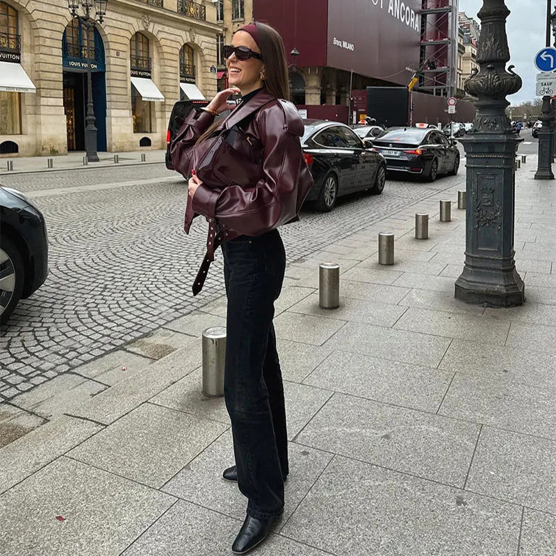Women's Loose Lapel PU Leather Cropped Jacket (photo 6)