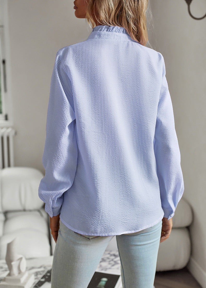 Women's Striped Ruffle Long-Sleeve Button-Up Blouse (photo 9)