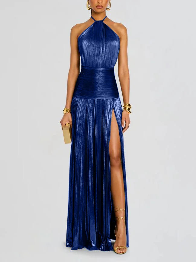 Women's Pleated Halter-Neck Maxi Dress with Slit (photo 4)