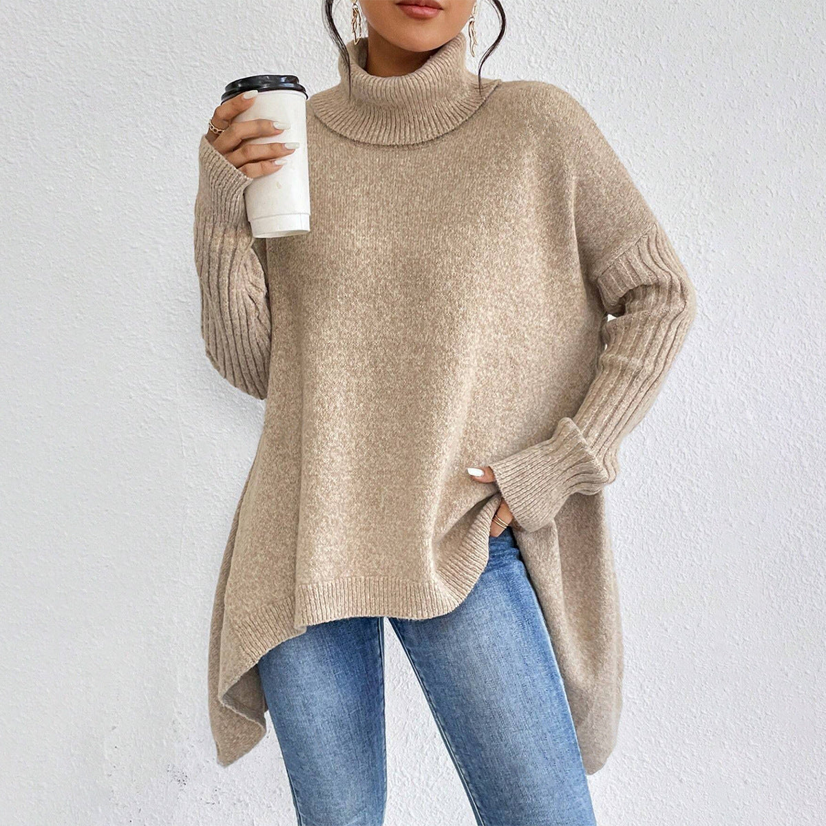 Women's Loose Irregular-Hem Turtleneck Sweater (photo 11)