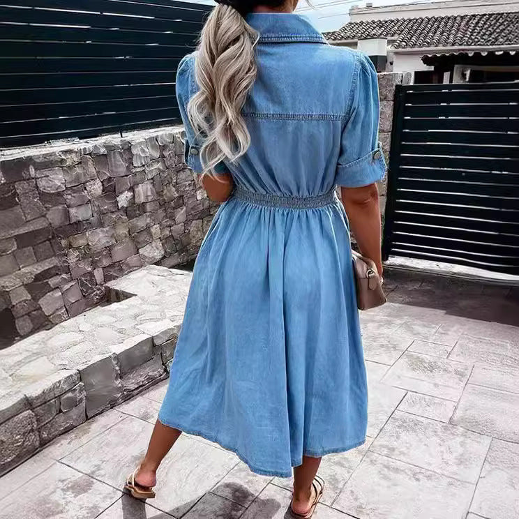 Women's Lapel Button Denim Midi Dress (photo 3)