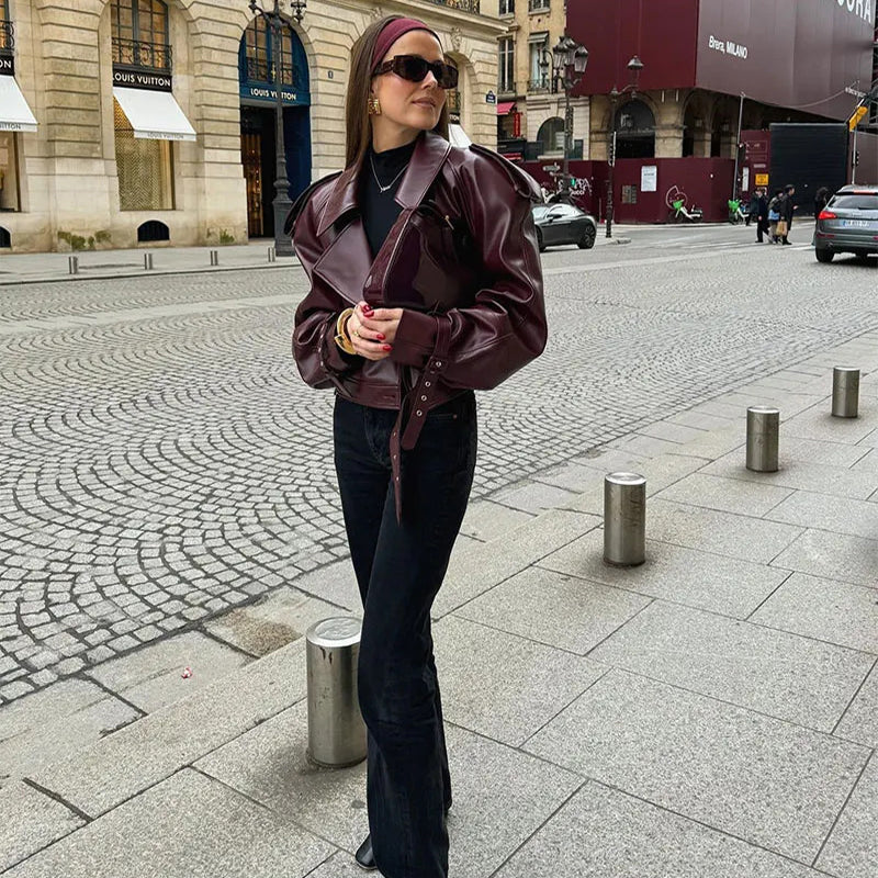 Women's Loose Lapel PU Leather Cropped Jacket (photo 5)