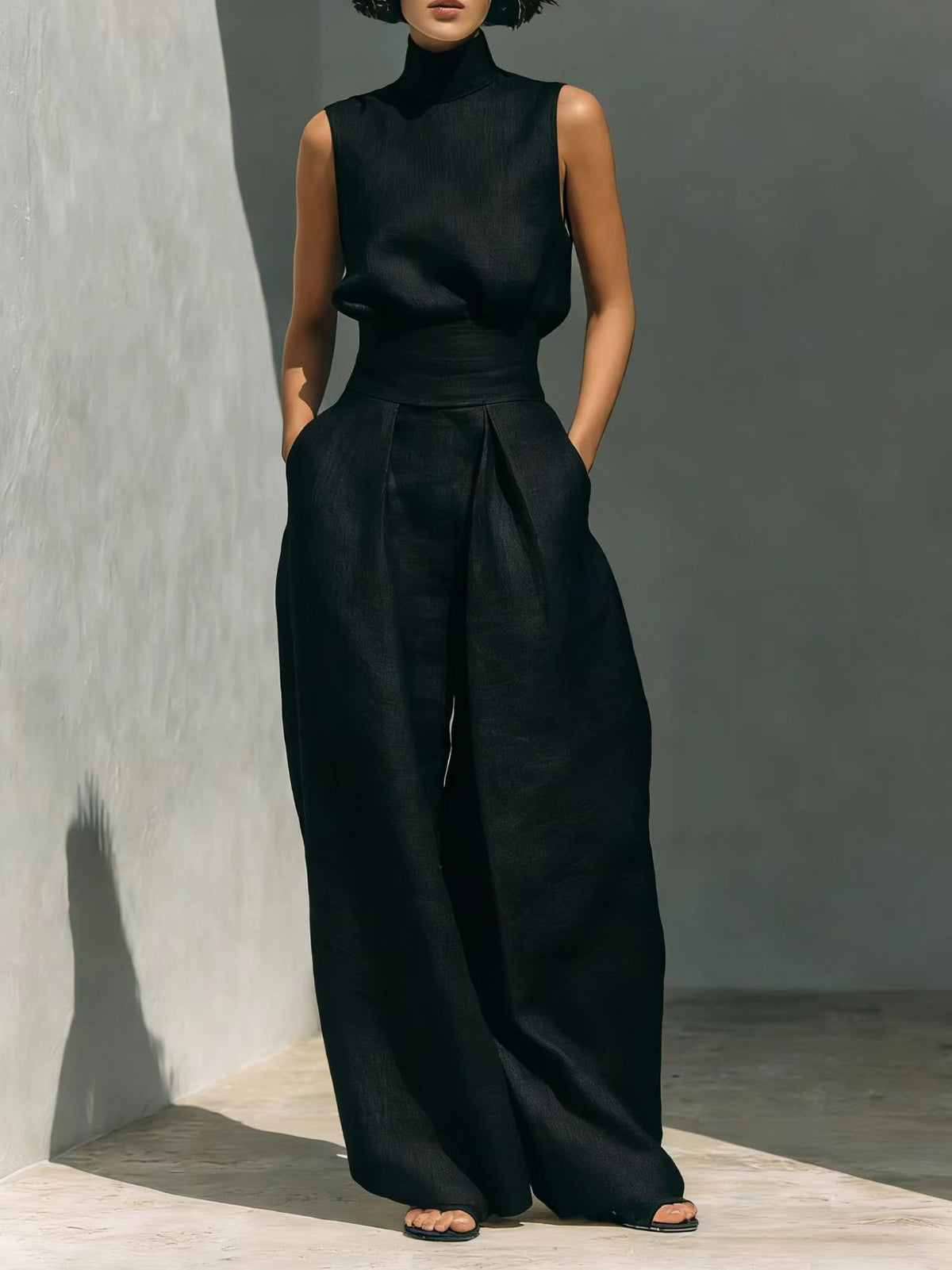 Women's Sleeveless Stand-Collar Top and Wide Pants Set (photo 7)
