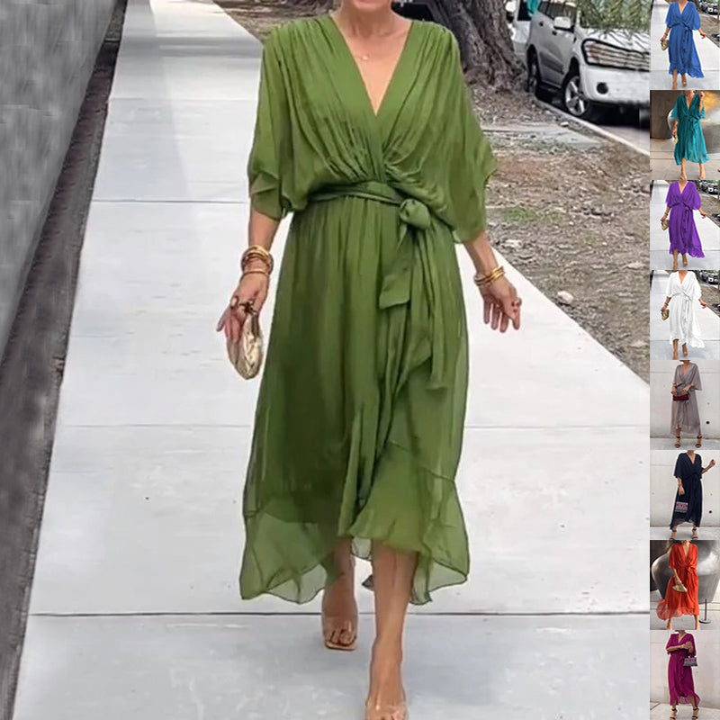 Women's Batwing-Sleeve V-Neck Tie-Waist Midi Dress (photo 16)
