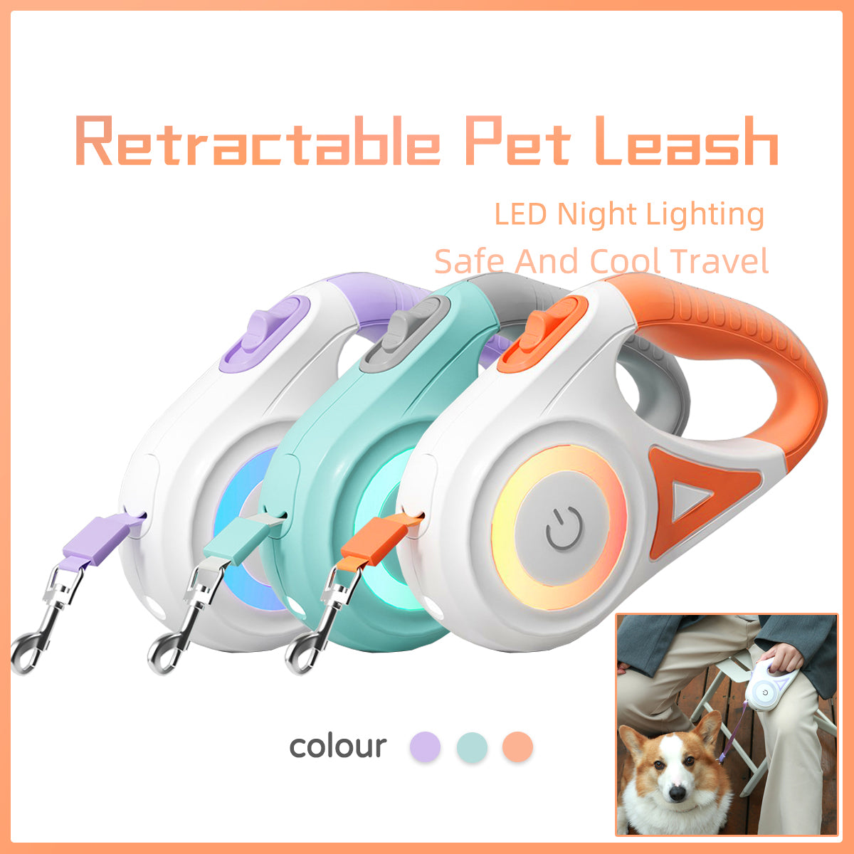 Retractable Dog Leash with LED Light, 3 m or 5 m (photo 5)