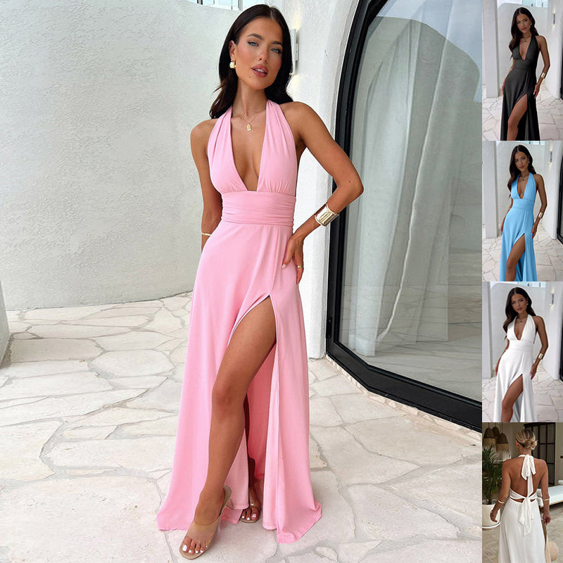 Women's Halter V-Neck Backless Maxi Dress with Slit
