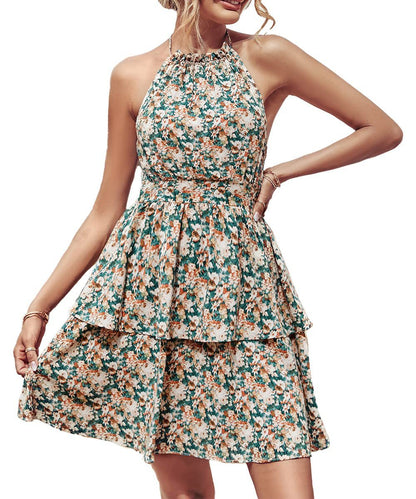 Women's Printed Halter Backless Ruffle Dress (photo 9)