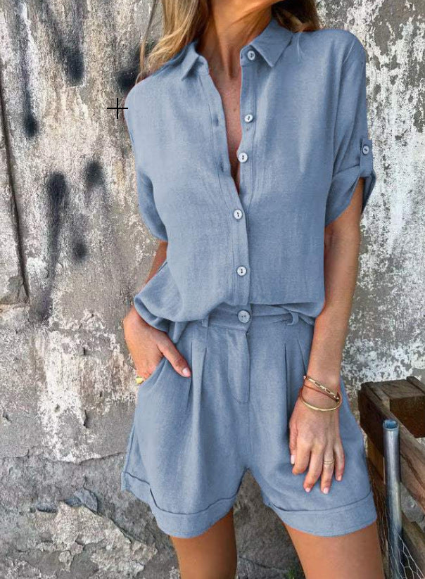 Women's Short-Sleeve Lapel Shirt and Shorts Set (photo 6)