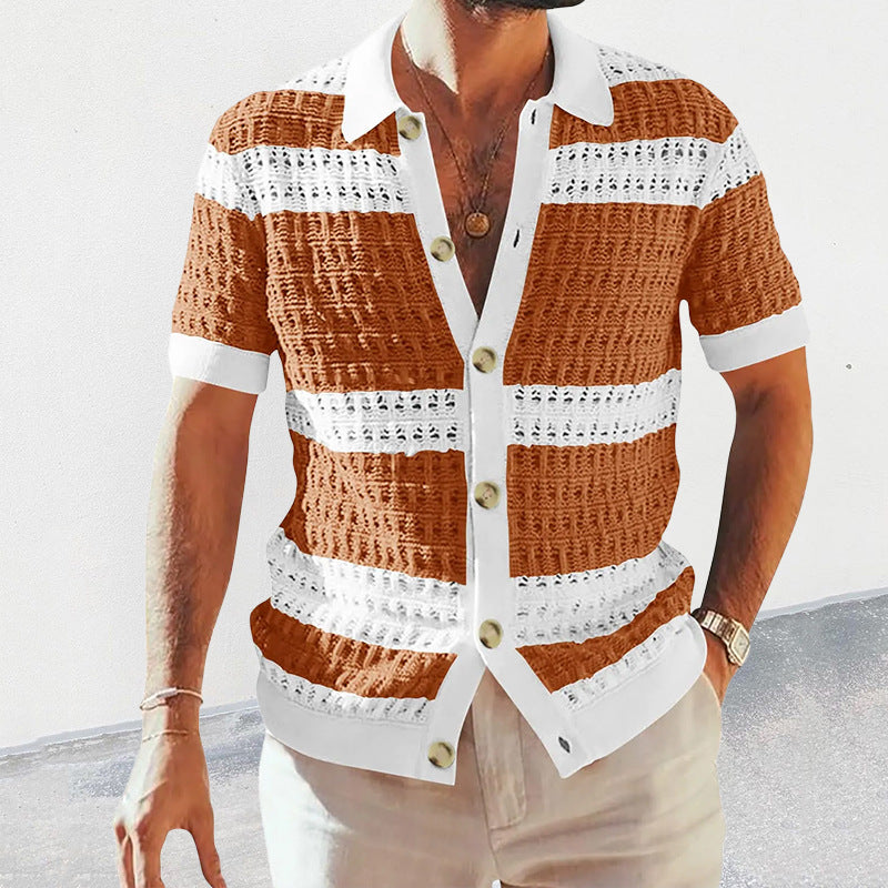 Men's Knit Polo Cardigan Shirt with Cut-Out Pattern (photo 4)