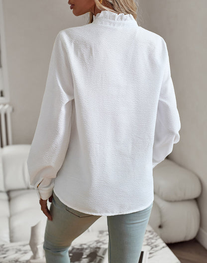 Women's Striped Ruffle Long-Sleeve Button-Up Blouse (photo 7)