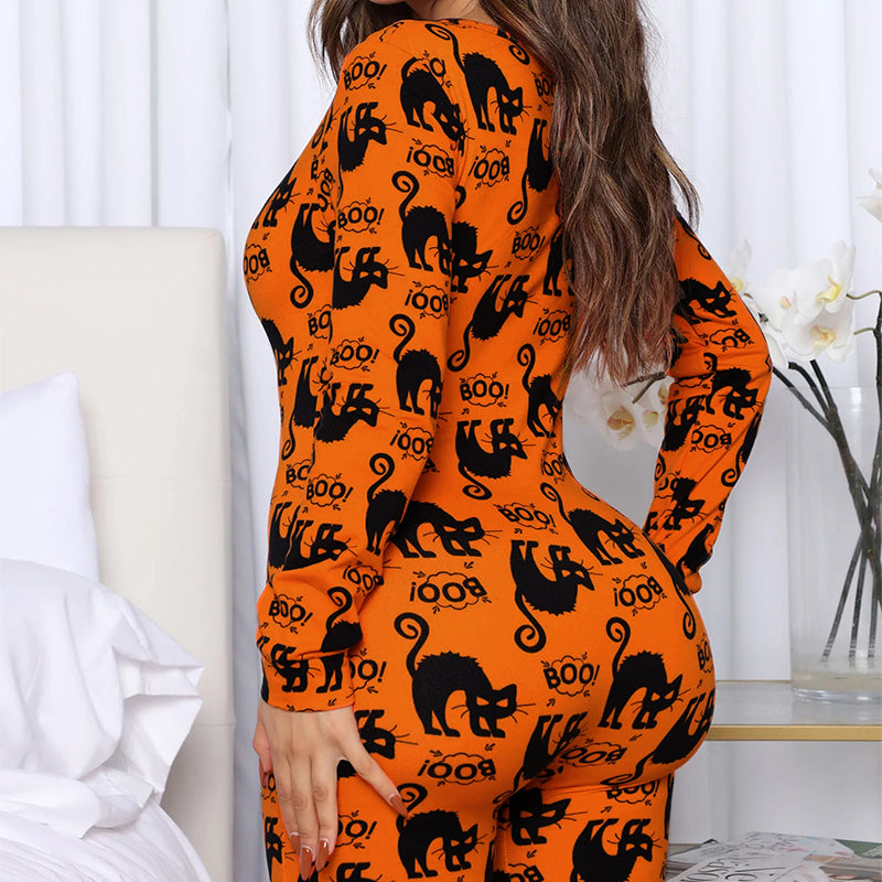 Women's Halloween Print Long-Sleeve Jumpsuit Pajamas (photo 3)