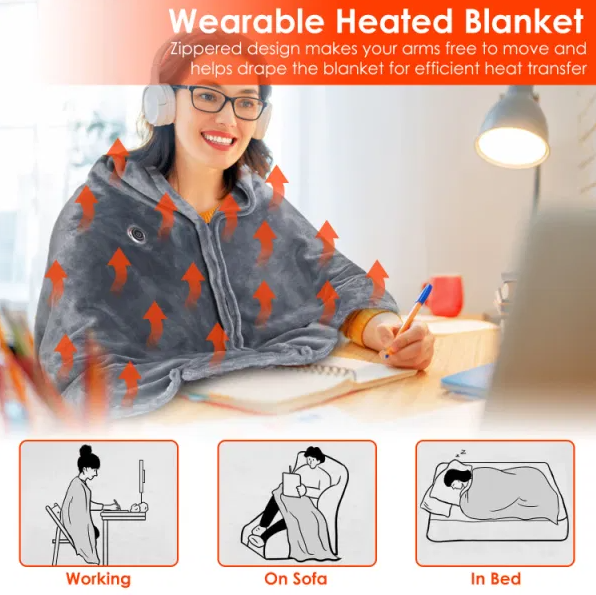 USB Heated Wearable Blanket Wrap with Zipper, 59 x 31 in (photo 3)