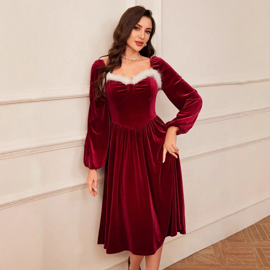 Women's Vintage Velvet Square-Neck Long-Sleeve Dress (photo 6)