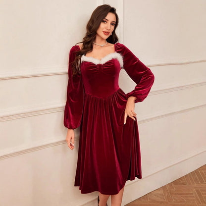 Women's Vintage Velvet Square-Neck Long-Sleeve Dress (photo 6)