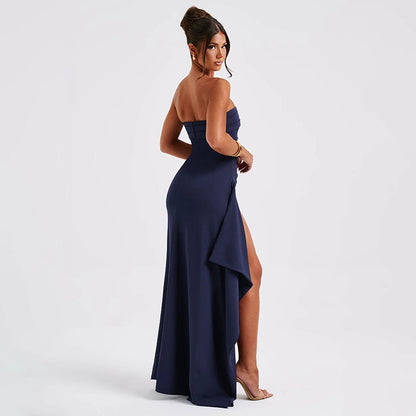 Women's Strapless Pleated Split Maxi Dress (photo 6)