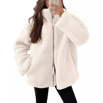 Women's Lapel Zip-Up Fleece Coat with Pockets (photo 4)
