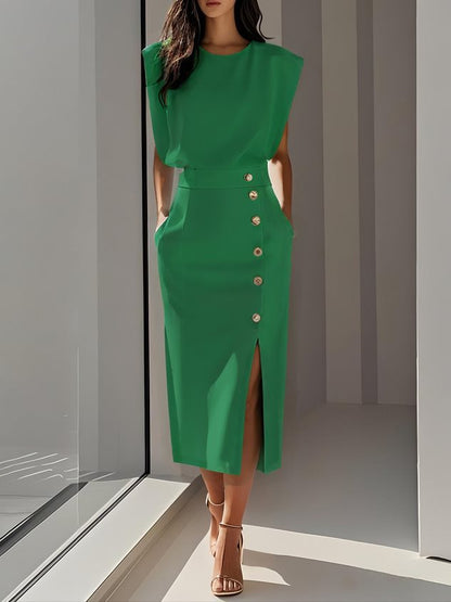 Women's Sleeveless Button-Front Midi Dress with Slit (photo 6)