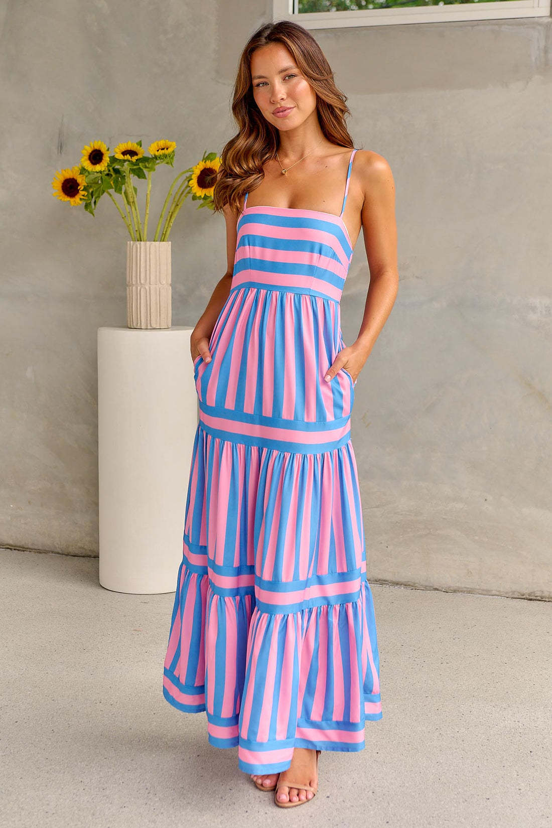 Women's Striped Strappy Maxi Dress with Pockets (photo 5)
