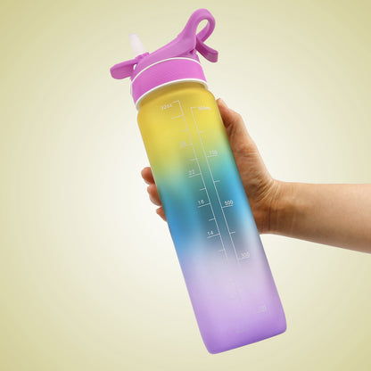 1 L Water Bottle with Spray Mist and Straw – Yellow, Blue and Purple
