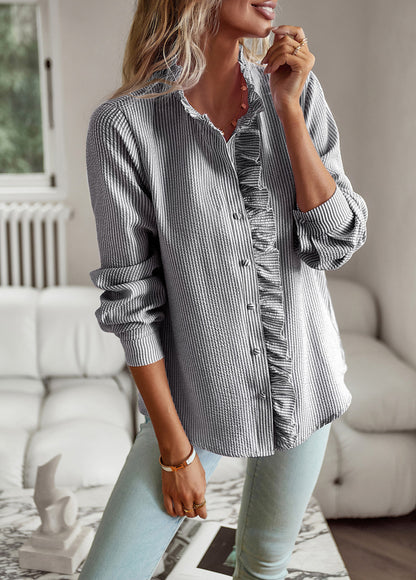 Women's Striped Ruffle Long-Sleeve Button-Up Blouse (photo 20)