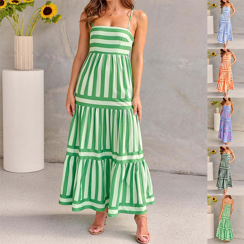Women's Striped Strappy Maxi Dress with Pockets