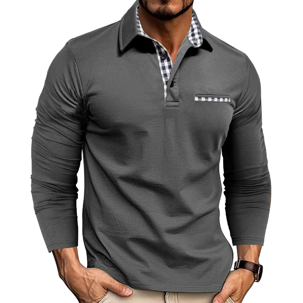 Men's Plaid-Panel Lapel Long-Sleeve Polo Shirt (photo 4)