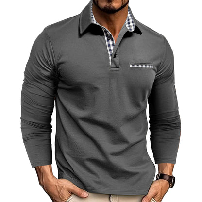 Men's Plaid-Panel Lapel Long-Sleeve Polo Shirt (photo 4)