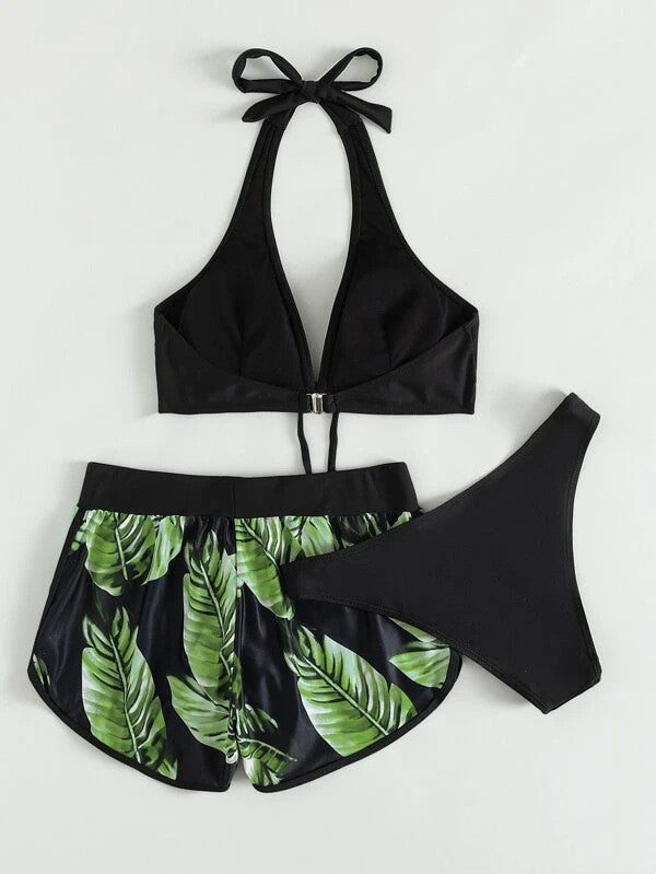 Women's 3-Piece Leaf Print Bikini with Shorts (photo 8)