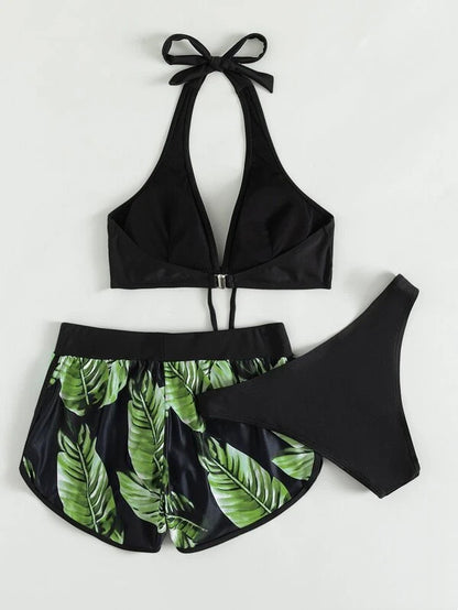 Women's 3-Piece Leaf Print Bikini with Shorts (photo 8)